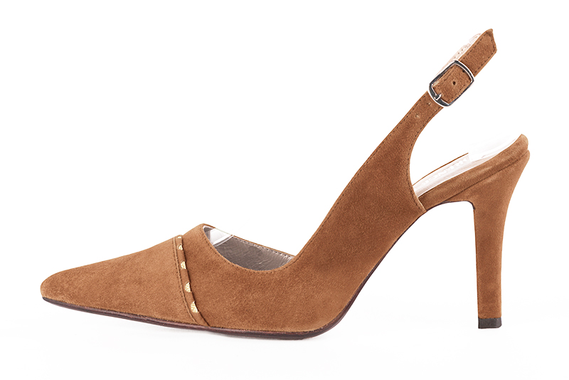 Camel beige and gold women's slingback shoes. Pointed toe. High slim heel. Profile view - Florence KOOIJMAN